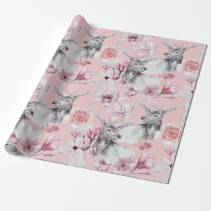 Presente Papel de embalagem floral, cor-de-rosa de cinza ve