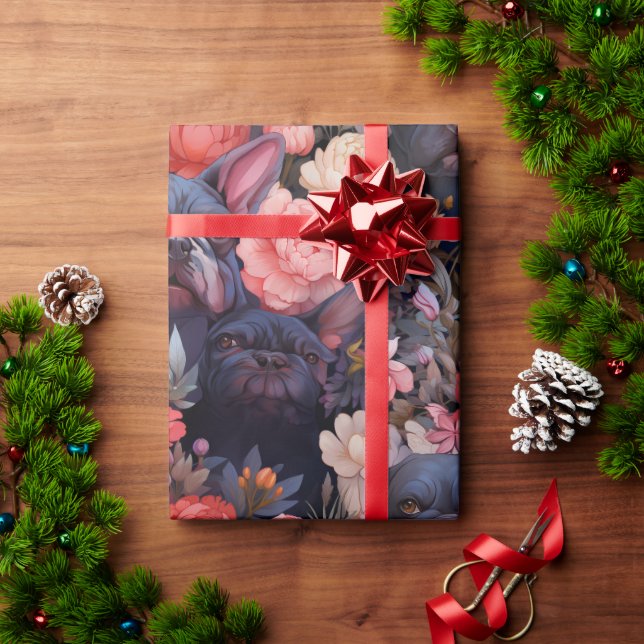 Presente Papel De Embalagem Floral Para Bulldog Francês (Presente de Natal)