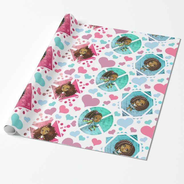 Presente Papel de embrulhamento de meninas chibi africanas  (Desenrolado)