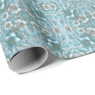 Presente Papel de embrulhamento Floral Branco-Teal