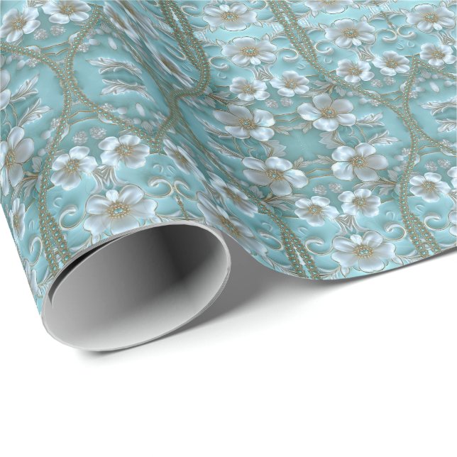 Presente Papel de embrulhamento Floral Branco-Teal (Ponta do rolo)