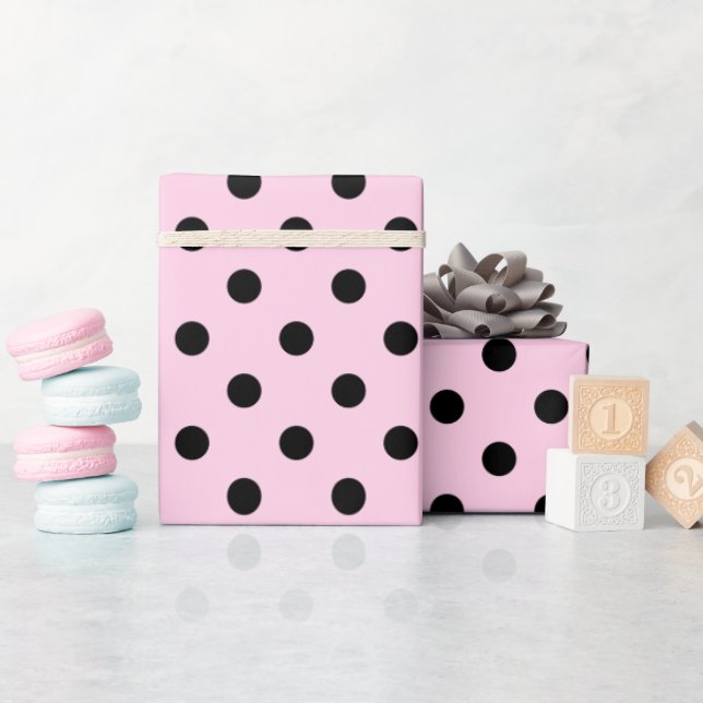 Presente Papel de embrulho, cor-de-rosa e bolinhas preta (Chá de bebê)