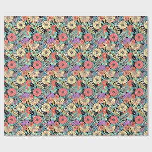 Presente Papel de embrulho, explosão floral retro vibrante