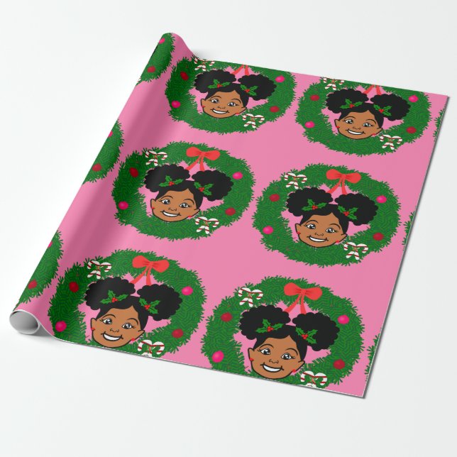 Presente Papel de embrulho,Natal de menina afro-americana (Desenrolado)