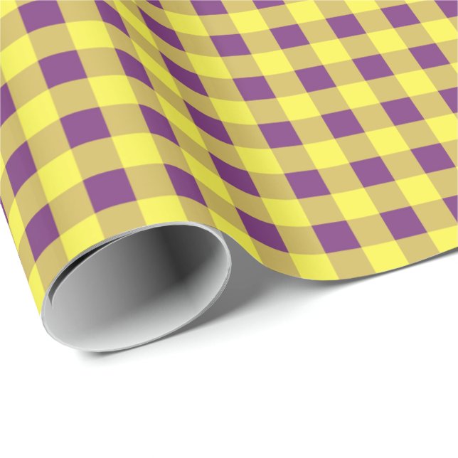 Presente Papel de embrulho, xadrez roxo e amarelo (Ponta do rolo)
