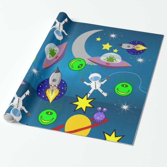 Presente Papel de empacotamento brilhante, Aliens de espaça (Desenrolado)