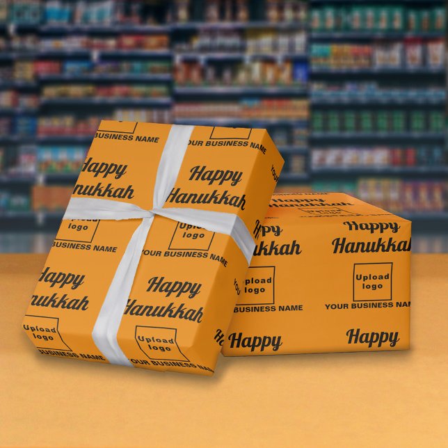 Presente Papel de empacotamento de cor laranja no Hanukkah  (Hanukkah greeting, business name and logo on orange wrapping paper)