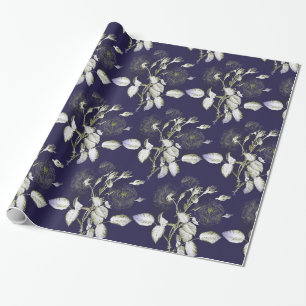 PRESENTE PAPEL DE EMPACOTAMENTO FLORAL BRANCO & AZUL COBALT