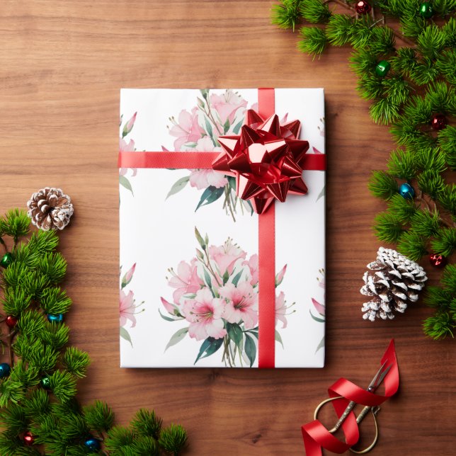Presente Papel de empacotamento - Flores Rosa, Fundo Branco (Presente de Natal)