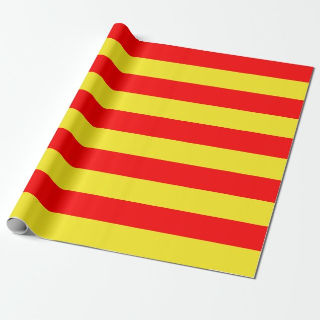 Presente Papel de enrolamento das tiras, vermelhas e amarel (Desenrolado)