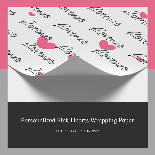 Presente Papel de enrolamento de corações cor-de-rosa perso (Personalized Name Pink Hearts Wrapping Paper, Custom Gift Wrap)