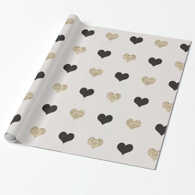 Presente Papel de enrolamento de corações em preto e Dourad (Desenrolado)