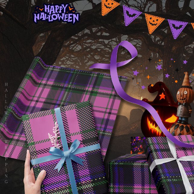 Presente Papel de enrolamento de Dia das Bruxas com Xadrez  (Purple & Pink Plaid Halloween Wrapping Paper)