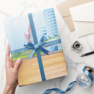 Presente Papel de enrolamento de edifícios de cor azul alta