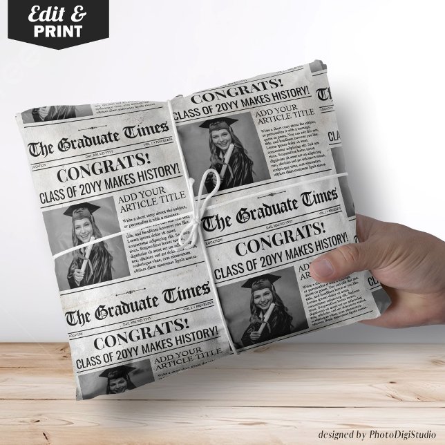 Presente Papel de enrolamento de jornais para gradação edit (Custom Graduation Newspaper Wrap, Graduation News Wrapping Paper)