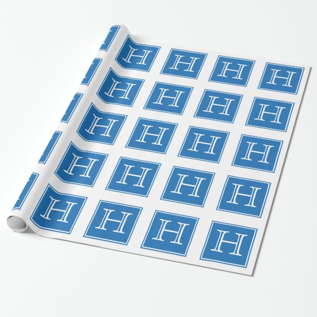 Presente Papel de enrolamento de monograma azul quadrado (Desenrolado)