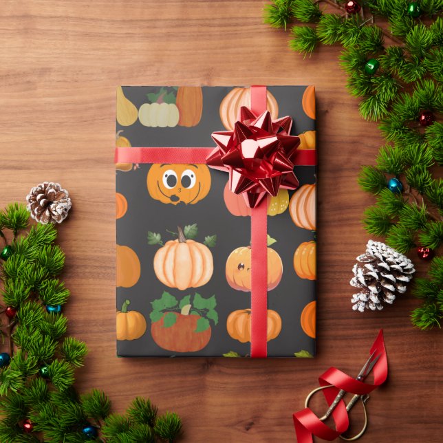 Presente Papel de enrolamento de padrão de abóbora laranja- (Presente de Natal)