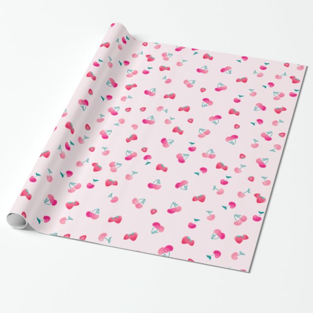 Presente Papel de enrolamento de padrão de cereja de morang (Desenrolado)