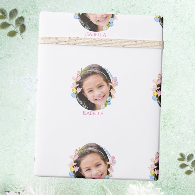 Presente Papel de enrolamento de páscoas com & nome de foto (Easter Wrapping Paper with Photo & Name - White)