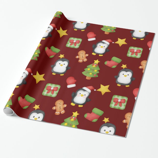 Presente Papel de enrolamento de pinguins de aquarela branc (Desenrolado)