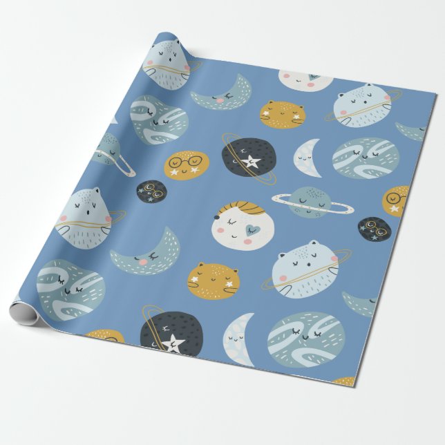 Presente Papel de enrolamento de planetas de gatos espaciai (Desenrolado)