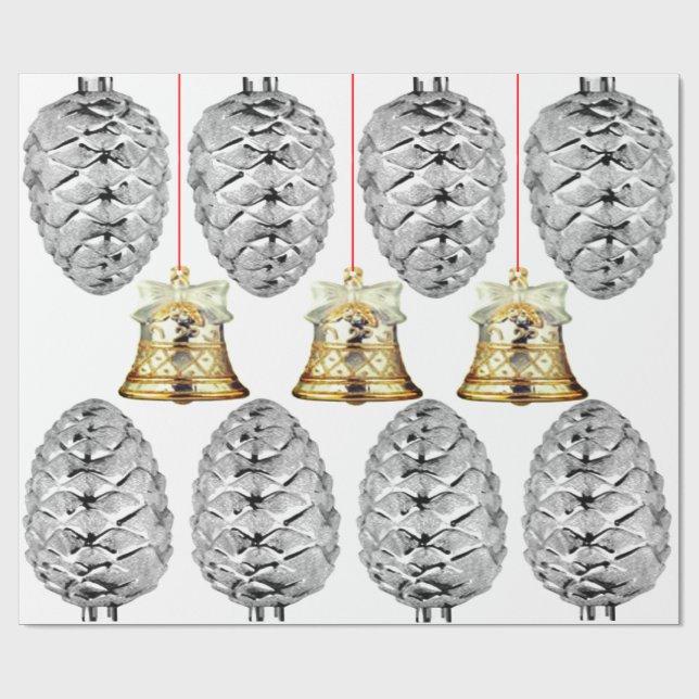 Presente Papel de enrolamento de prata Pinecones e sinos (Aberto)