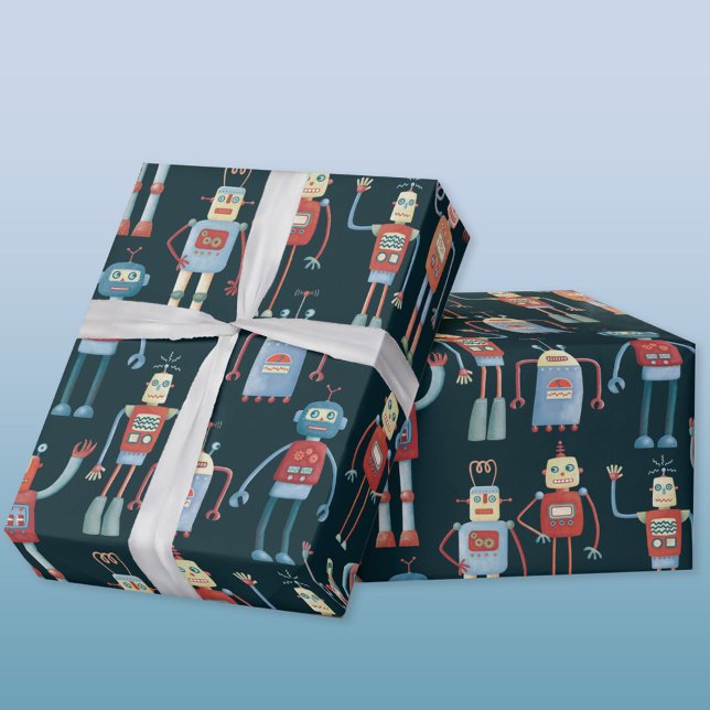 Presente Papel de enrolamento de robôs antigos na década de (Retro robot wrapping paper)