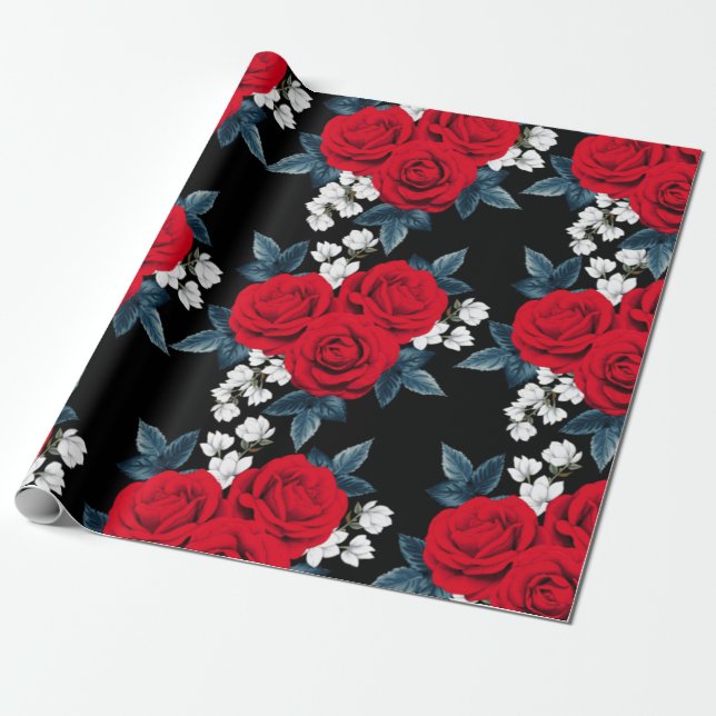 Presente Papel de enrolamento de Rosas vermelhas elegante (Desenrolado)