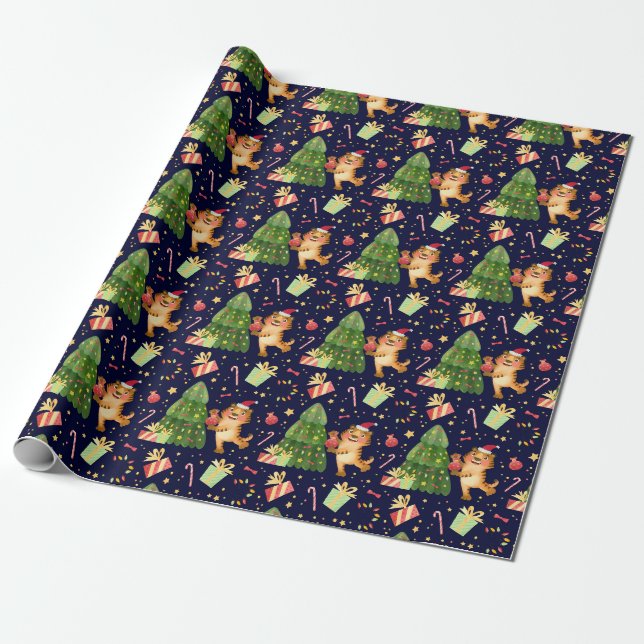 Presente Papel de enrolamento de tigres de Natal/Ano Novo (Desenrolado)