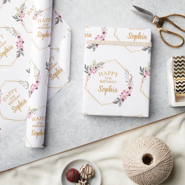 Presente Papel de enrolamento do aniversário de 21 anos do  (Elevate Your Gift with Floral Elegance! 🌸✨)