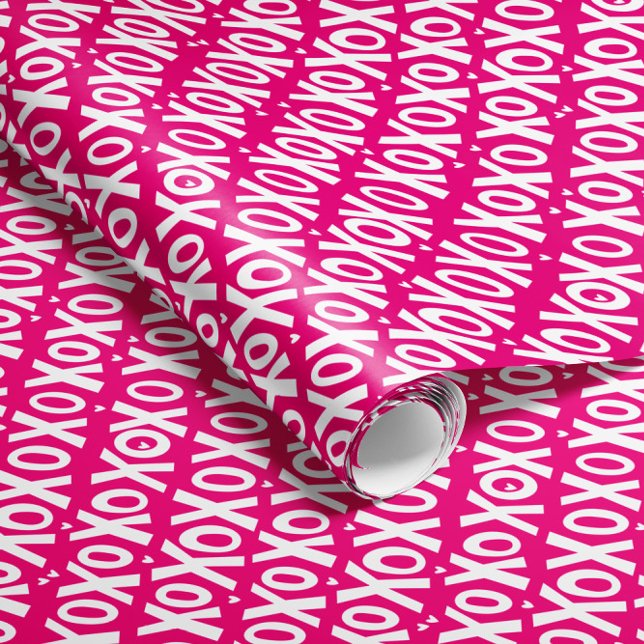Presente Papel de enrolamento do Dia de os namorados XOXO (hot pink fuchsia and white XOXO patterned Valentine's Day gift wrap roll with tiny heart detail)