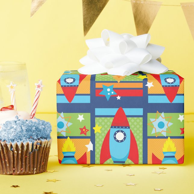 Presente Papel de enrolamento do espaço exterior da nave-fo (Blue and Red Rocket Spaceship Outer Space Wrapping Paper)