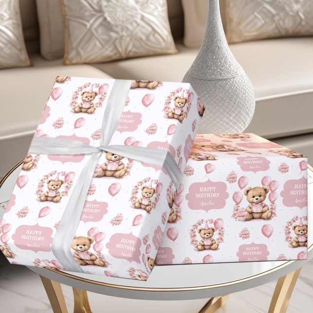 Presente Papel de enrolamento do nome do primeiro aniversar (Cute Bear Pink 1st Birthday Name Wrapping Paper)