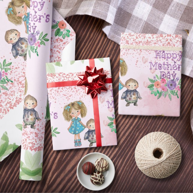 Presente Papel de enrolamento floral rosa do dia de as mães (Mother's Day Pink Floral Wrapping Paper )