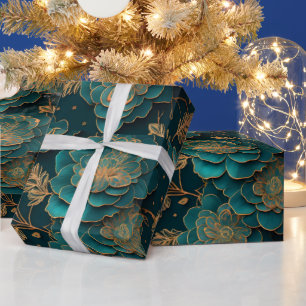 Presente Papel de enrolamento floreal em teal e bronze
