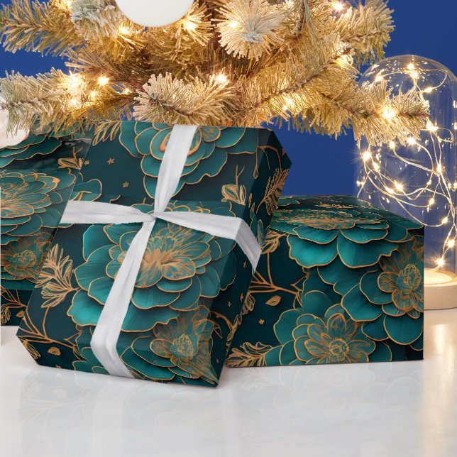 Presente Papel de enrolamento floreal em teal e bronze (Feriados)