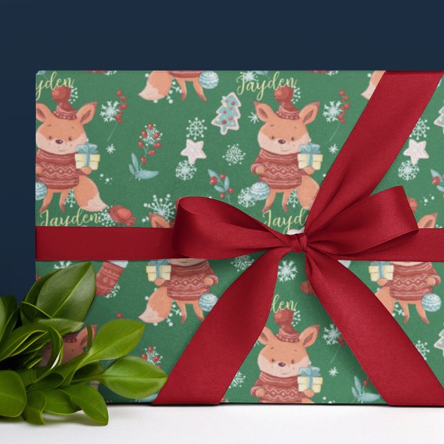 Presente Papel de enrolamento personalizado verde vermelho- (Cute Cartoon Fox Green Red Custom Wrapping Paper
)