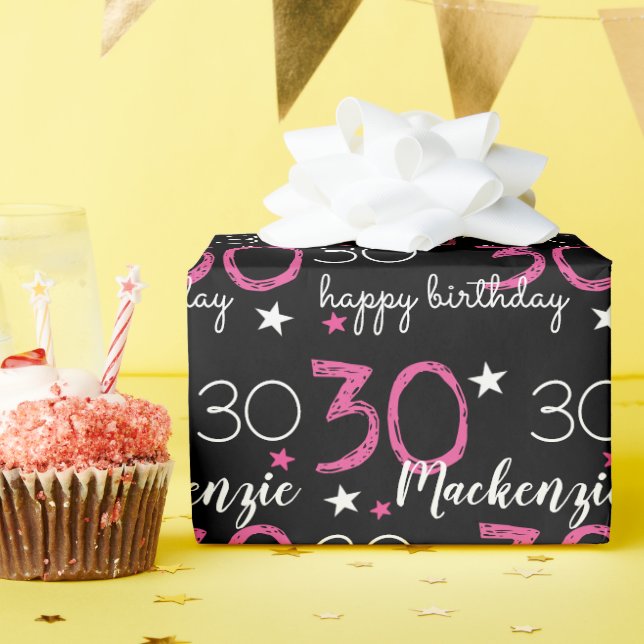 Presente Papel de enrolamento preto-rosa personalizado do a (Festa de aniversário)