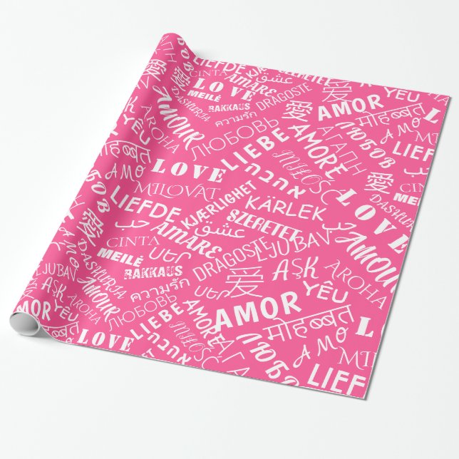 Presente Papel de enrolamento rosa com texto de amor multil (Desenrolado)