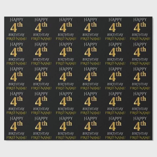 Presente Papel de enrolar preto, "FELIZ 4º ANIVERSÁRIO" (Aberto)