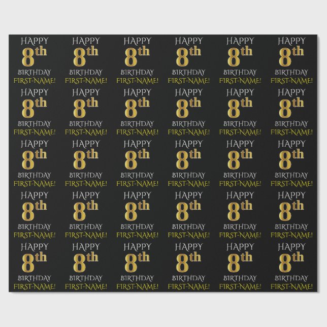 Presente Papel de enrolar preto, "FELIZ 8 ANOS" (Aberto)