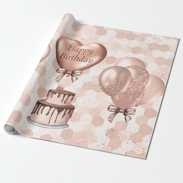 Presente Papel de enrolar rolo 6' Rosa Dourado Aniversário (Desenrolado)