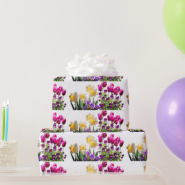 Presente Papel de enrolar Tulipas e Daffodils Rosa