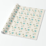 Presente Papel de envolvimento atômico icónico de<br><div class="desc">Este teste padrão atômico icónico do papel de envolvimento de Starbursts caracteriza starbursts atômicos icónicos. Isso é direito! A velha escola, o fundo colorido de creme com salpicos do ouro é o contexto perfeito para a turquesa vibrante, o aipo reconfortante, e os círculos coloridos do verde kitschy da pera. Os...</div>