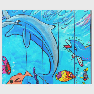 Presente papel de envolvimento azul de riso dos golfinhos