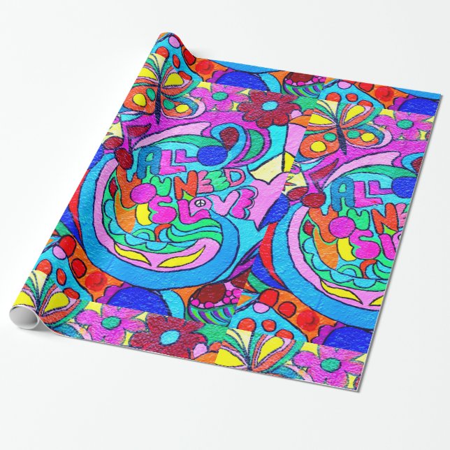 Presente papel de envolvimento da paz e do amor do hippie (Desenrolado)