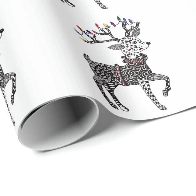 Presente Papel de envolvimento da rena das luzes de Natal (Ponta do rolo)
