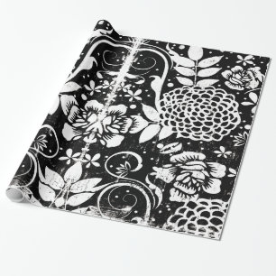 Presente Papel de envolvimento floral preto e branco
