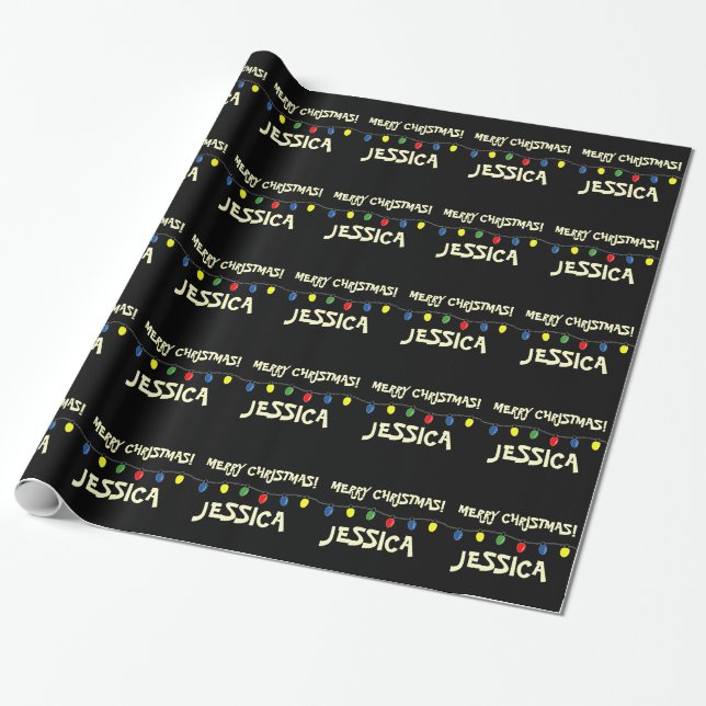 Presente Papel de envolvimento preto das luzes da árvore do (Desenrolado)