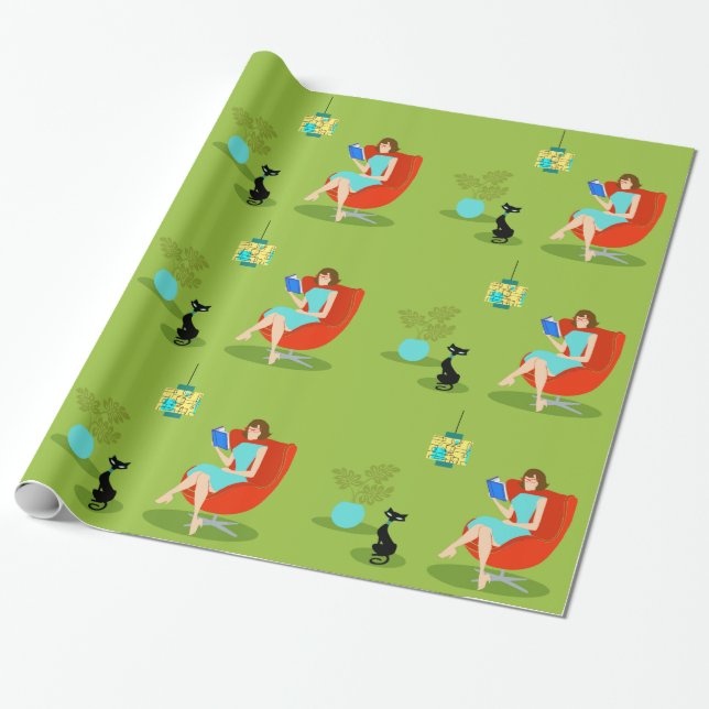 Presente Papel de envolvimento retro da mulher da leitura (Desenrolado)